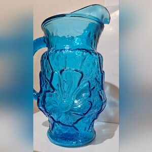 Anchor Hocking Vintage Rainflower Laser Blue Glass 10" 64oz Pitcher